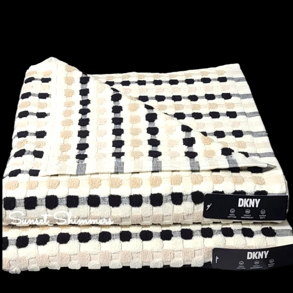 DKNY 8Pc 2 Bath 2 Hand 4 Washcloth TAN BLACK WHITE Gingham Check Towel Set NEW